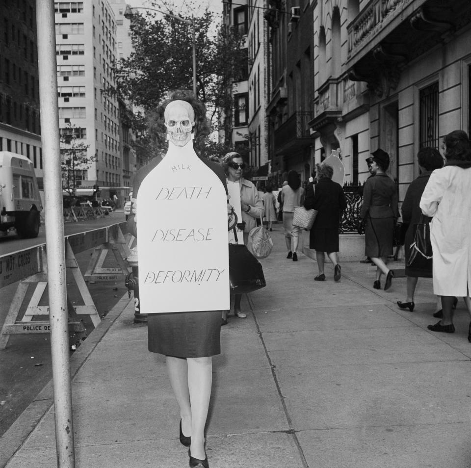 A group of women outside the Russian Mission to the United Nations in New York City protest the testing of nuclear arms on Nov. 1, 1961. They are part of the Women's Strike for Peace, a one-day demonstration by American women in many cities throughout the United States.