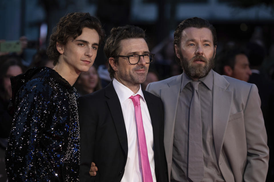 Timothee Chalamet, David Michod and Joel Edgerton pose for photographers upon arrival at the premiere of the 'The King' which is screened as part of the London Film Festival, in central London, Thursday, Oct. 3, 2019. (Photo by Vianney Le Caer/Invision/AP)