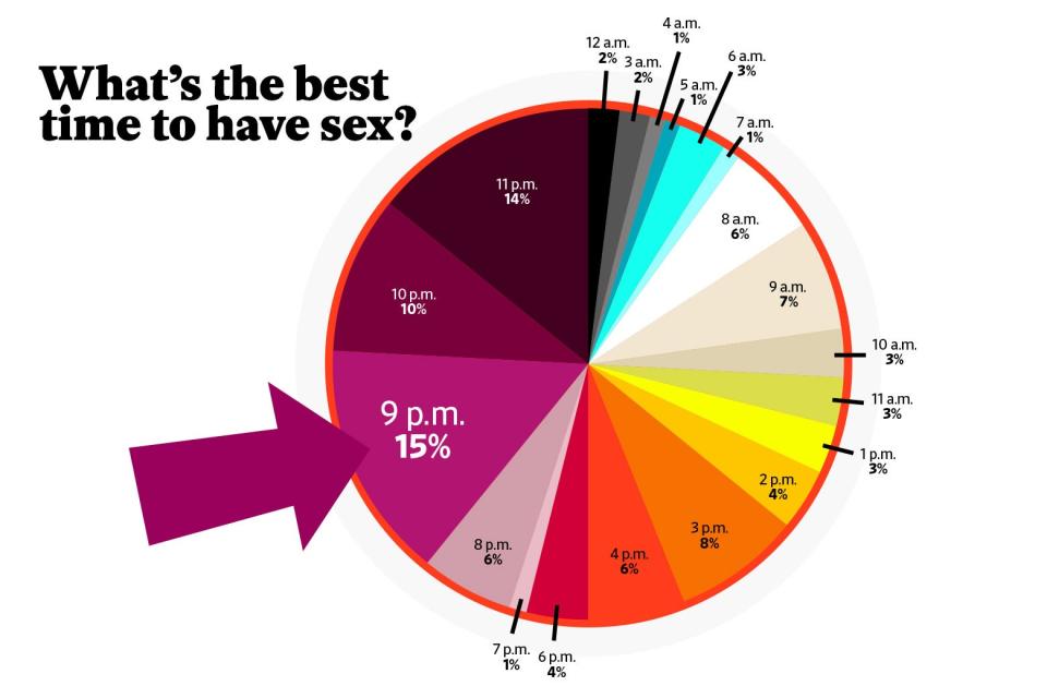 A pie chart titled "What's the Best Time to Have Sex?" The biggest slice, 15% of the pie, is 9 p.m. The next-largest slices are 11 p.m., with 14%, and 10 p.m., with 10%.