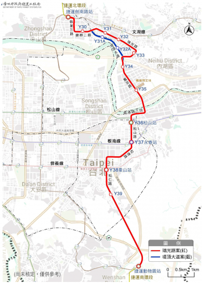 北市府規畫東側南北向捷運路線，從劍南路站通往動物園站，初步提出2方案，分別是「瑞光路案」和「堤頂大道案」。（北市捷運局提供）