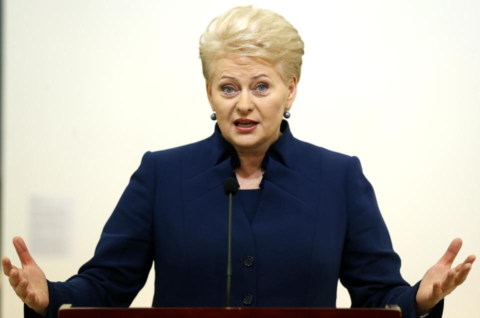 Lithuania's President Dalia Grybauskaite speaks to the media after winning the first round of the country's presidential election, in Vilnius, Lithuania, Monday, May 12, 2014. Grybauskaite took a big step Sunday toward winning re-election, dominating the first round of voting in the Baltic country's sixth presidential ballot since it regained independence in 1991. (AP Photo/Mindaugas Kulbis)