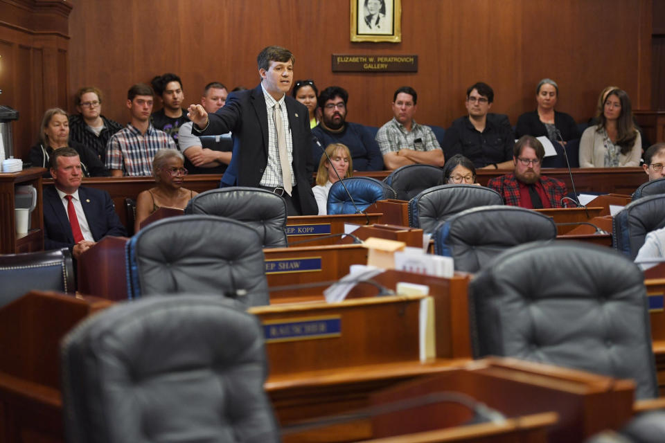 State Sen. Bill Wielechowski, an Anchorage Democrat, speaks in favor of lawmakers overriding Gov. Mike Dunleavy's budget vetoes Wednesday, July 10, 2019, Juneau, Alaska. Nearly a third of lawmakers were absent from the session at the Capitol, opting to meet in Wasilla instead, leaving only 38 members meeting in Juneau. It would take 45 votes to override the vetoes. (Michael Penn/Juneau Empire via AP)