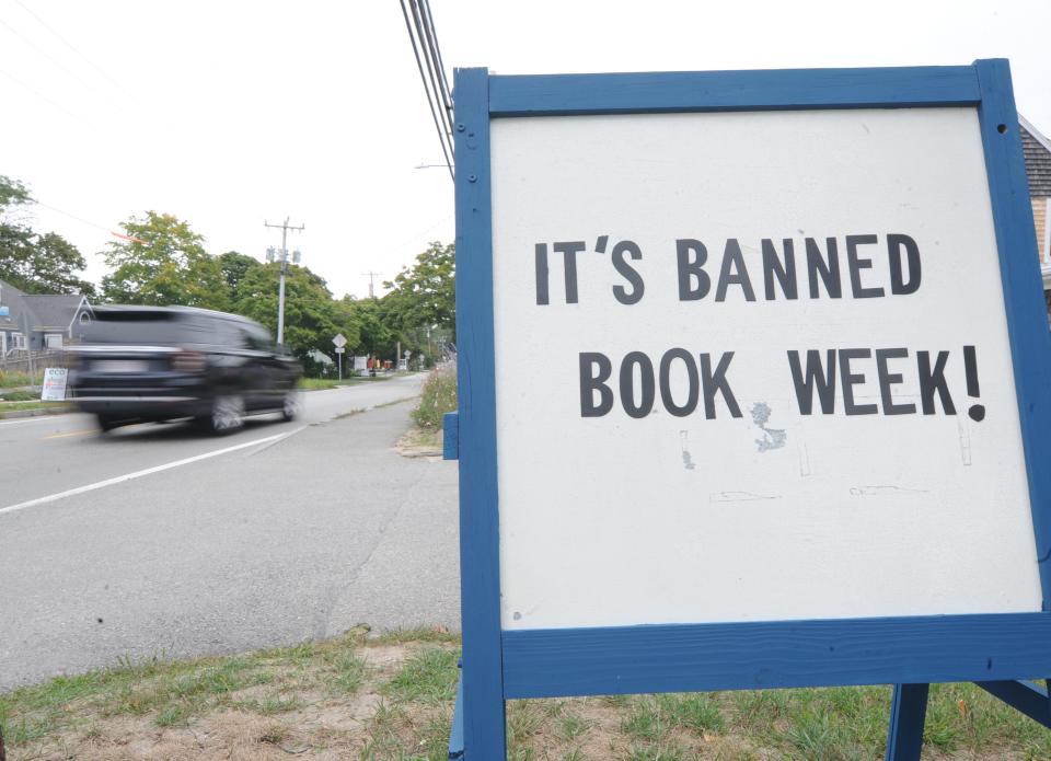 A sandwich sign set out along  Route 6A near Brewster Book Store tells drivers that Sept. 18-24 is Banned Book Week.