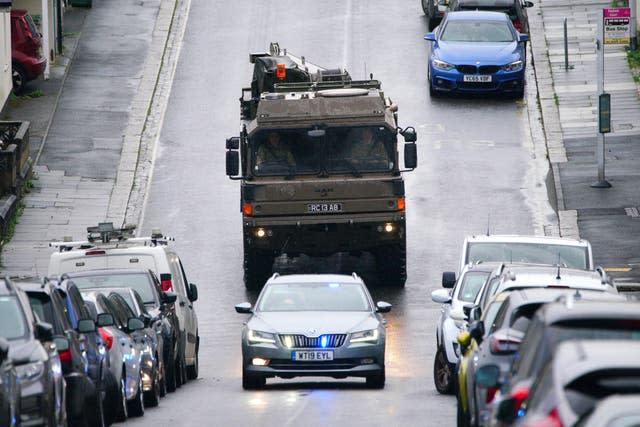 A military vehicle at the scene near St Michael Avenue, Plymouth (Ben Birchall/PA)