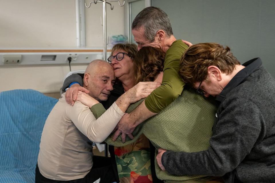 PHOTO: Rescued Israeli-Argentinian hostage Louis Har is reunited with his family at the Tel Hashomer Hospital in Ramat Gan, on the outskirts of Tel Aviv, Israel, Feb. 12, 2024. (Israel Defense Forces/AFP via Getty Images)
