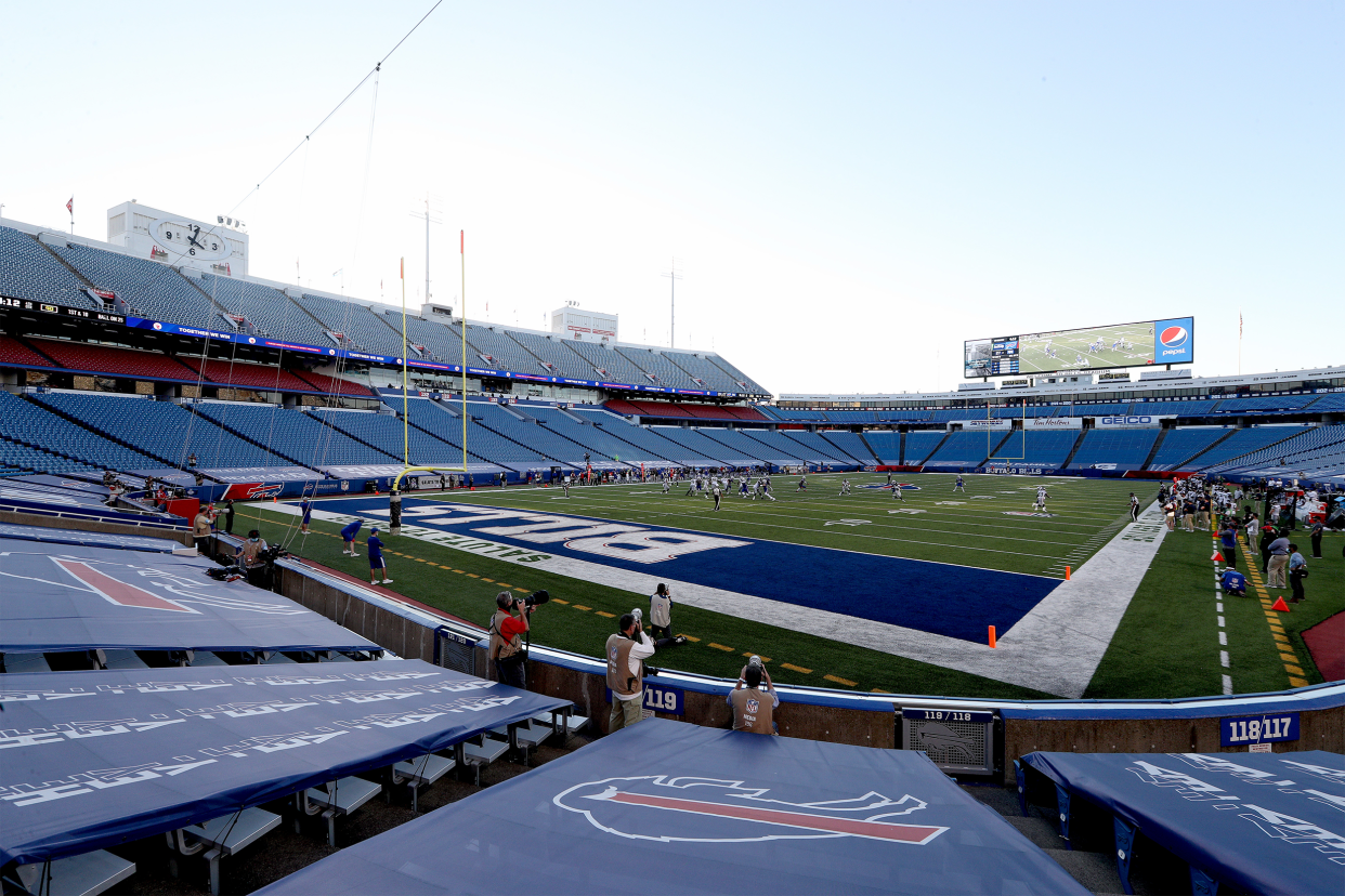 Buffalo Bills, Highmark Stadium, Orchard Park, New York, general view of field during a game between the Buffalo Bills and the Seattle Seahawks on November 08, 2020 in Orchard Park, New York, empty seats but game is playing