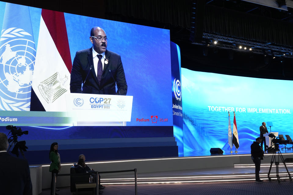 Gaston Browne, prime minister of Antigua and Barbuda, speaks at the COP27 U.N. Climate Summit, Tuesday, Nov. 8, 2022, in Sharm el-Sheikh, Egypt. (AP Photo/Peter Dejong)