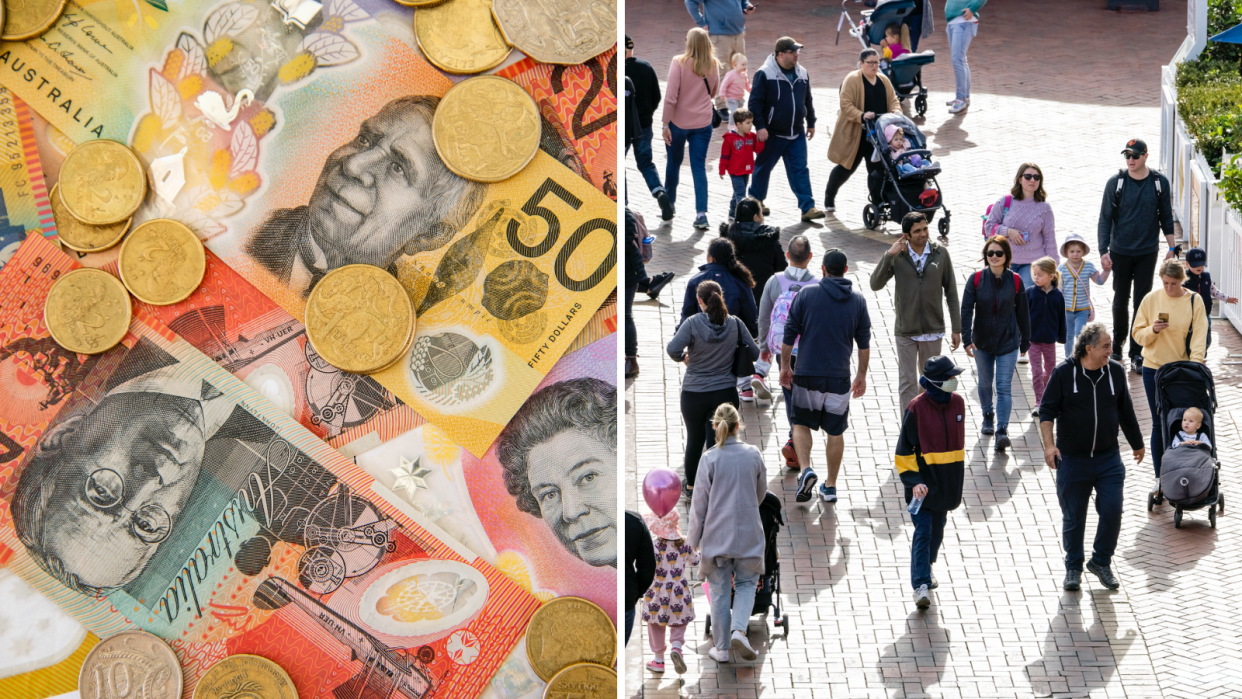 Australian money piled on top of itself and a crowd of people walking down the street to represent financial goals.