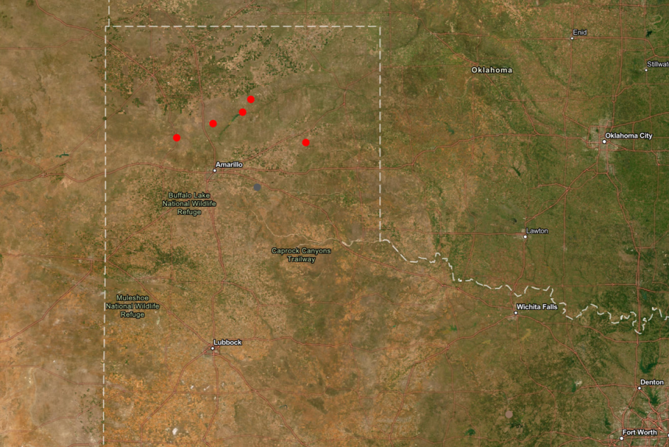 The Smokehouse Creek fire is the northernmost fire, burning in Hutchinson County (Texas A&M Forest Service)