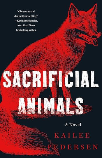 Cover of the novel Sacrificial Animals featuring a bright red fox illustration on a black background