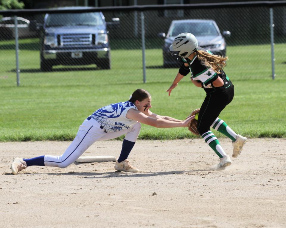 Burr Oak shortstop Elaine Holtom tags out Rowan Allen trying to steal second base on Tuesday.