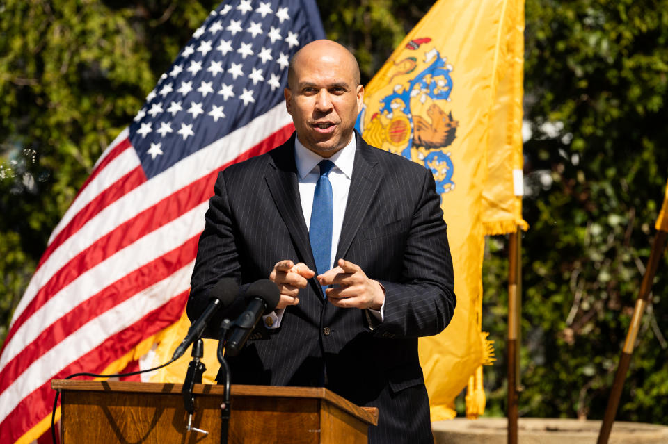 HACKENSACK, UNITED STATES - APRIL 2, 2020: U.S. Senator Cory Booker (D-NJ) speaks at a press conference in Hackensack, New Jersey.- PHOTOGRAPH BY Michael Brochstein / Echoes Wire/ Barcroft Studios / Future Publishing (Photo credit should read Michael Brochstein / Echoes Wire/Barcroft Media via Getty Images)