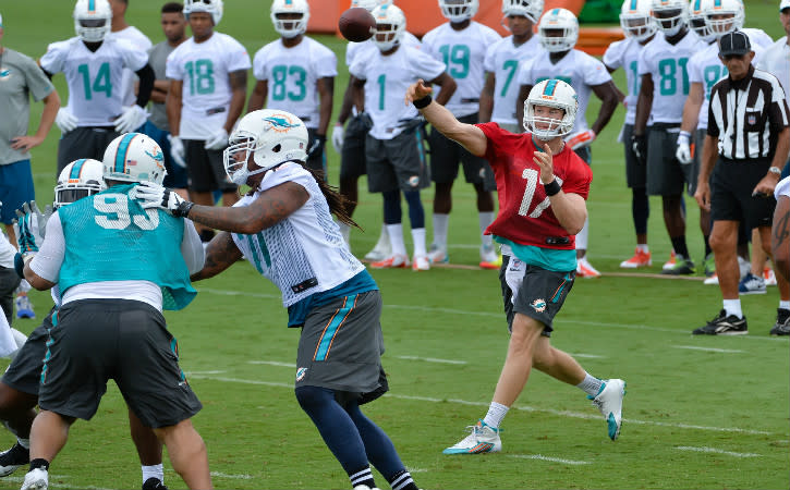 May 26, 2015; Miami, FL, USA; Miami Dolphins quarterback Ryan Tannehill (17) during practice drills at Miami Dolphins Training Facility. Mandatory Credit: Steve Mitchell-USA TODAY Sports