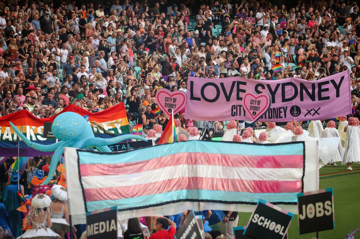 Participants wearing costumes march in the parade during the 43rd Sydney Gay and Lesbian Mardi Gras at the Sydney Cricket Ground in Sydney.