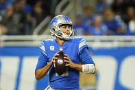 Detroit Lions quarterback Jared Goff looks downfield during the first half of an NFL football game against the Cincinnati Bengals, Sunday, Oct. 17, 2021, in Detroit. (AP Photo/Paul Sancya)