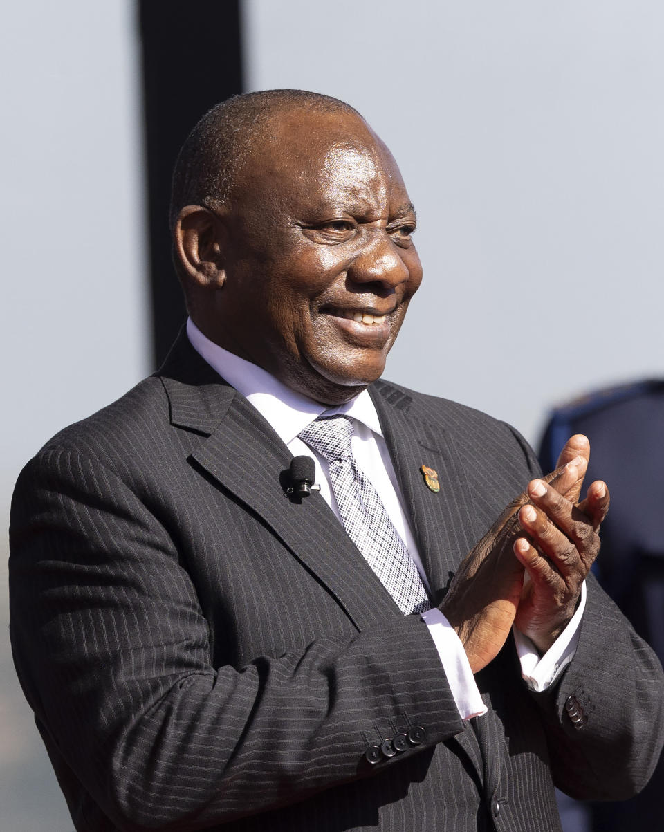 South Africa President Cyril Ramaphosa smiles at his inauguration as President at the Union Buildings in Tshwane, South Africa, Wednesday June 19, 2024. (Kim Ludbrook/Pool Photo via AP)
