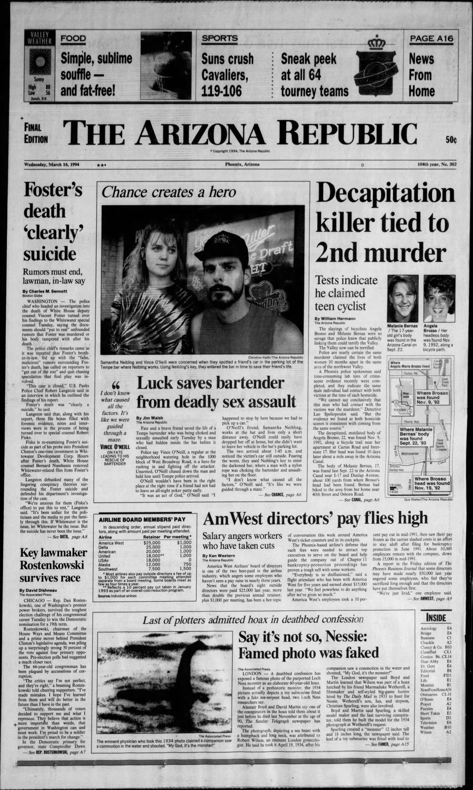 The front page of The Arizona Republic on March 16, 1994.