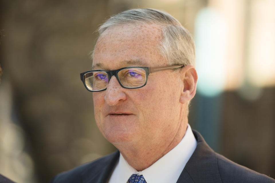 Philadelphia Mayor Jim Kenney poses for a photograph after casting his ballot in the the primary election in Philadelphia, Tuesday, May 21, 2019. Kenney won the Democratic primary, Tuesday, May 21, 2019, in his bid for re-election. (AP Photo/Matt Rourke)