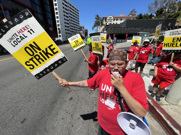 WEST HOLLYWOOD, CA JULY 20, 2023 -- A third wave of rolling strikes from hotel workers outside the Andaz West Hollywood on Thursday July 20, 2023.Workers are picketing for higher wages and better benefits and working conditions. (Wally Skalij / Los Angeles Times)