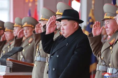 North Korean leader Kim Jong Un attends a grand military parade celebrating the 70th founding anniversary of the Korean People's Army at the Kim Il Sung Square in Pyongyang, in this photo released by North Korea's Korean Central News Agency (KCNA) February 9 2018. KCNA/via REUTERS