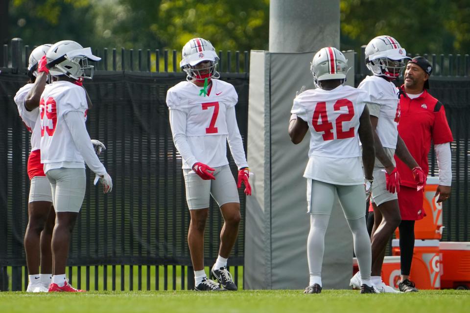 Aug 4, 2022; Columbus, OH, USA; Ohio State Buckeyes cornerback Ryan Turner (29), cornerback Jordan Hancock (7) and cornerback Lloyd McFarquhar (42) wear visors over their helmets as they run through drills during the first fall football practice at the Woody Hayes Athletic Center. Mandatory Credit: Adam Cairns-The Columbus Dispatch