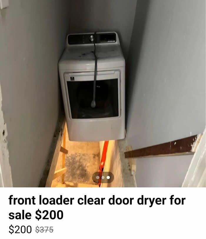 Front loader clear door dryer for sale at $200, reduced from $375. The dryer is placed in a narrow space