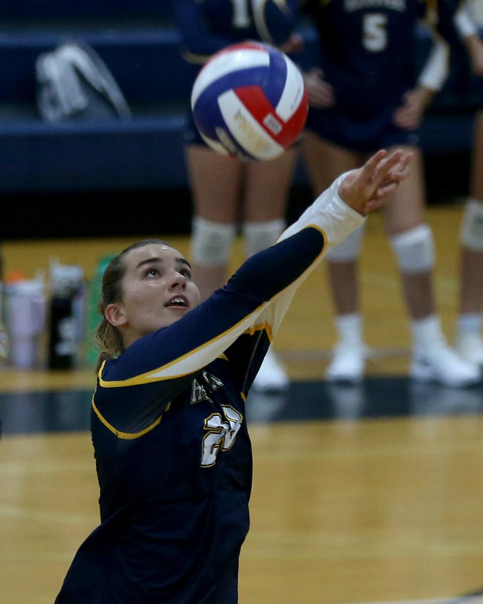 Hanover's Noey Giardina hits the return during the second set of their match at Hanover High on Wednesday, Sept. 13, 2023. Plymouth South would go on to win 3-0 (25-22, 25-18, 25-23).