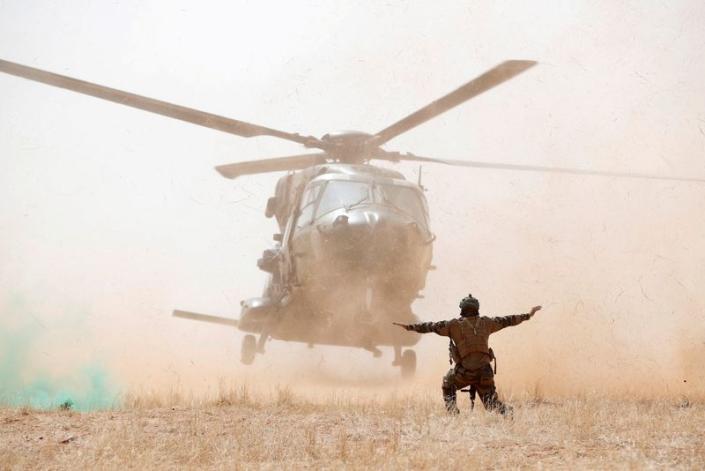 FILE PHOTO: A NH 90 Caiman military helicopter lands during the regional anti-insurgent Operation Barkhane in Inaloglog