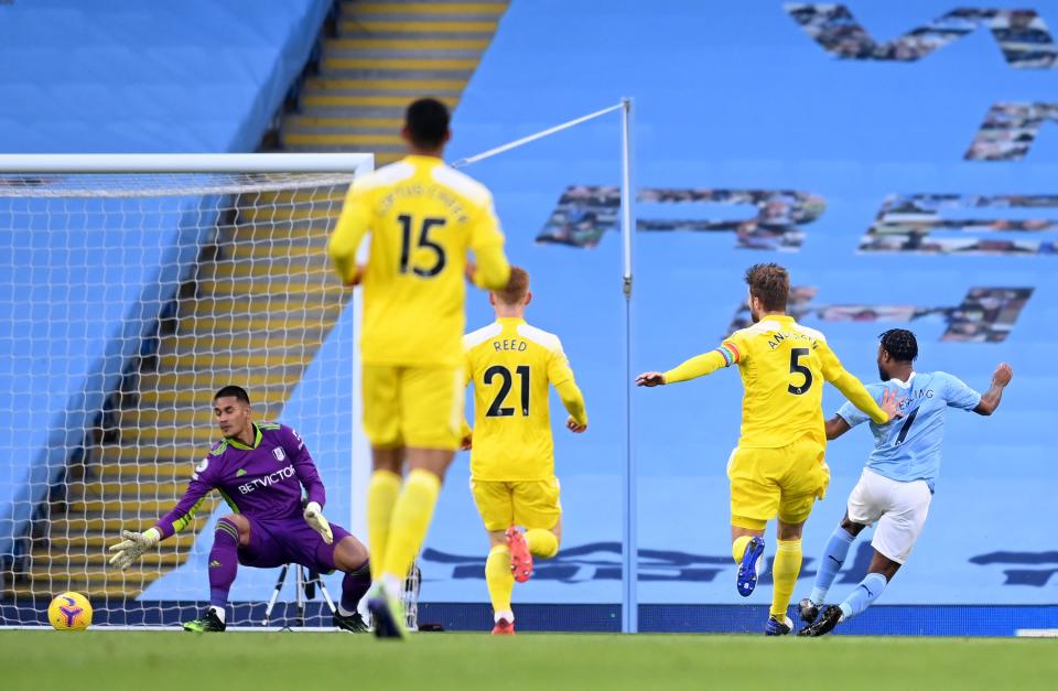 <p>Raheem Sterling slides the ball home</p> (Getty Images)