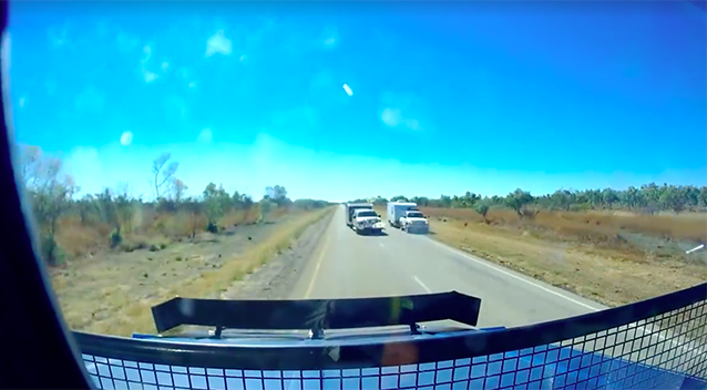 The 4WD attempts to overtake another truck in the lane of the oncoming road train. Source: Dash Cam Owners Australia