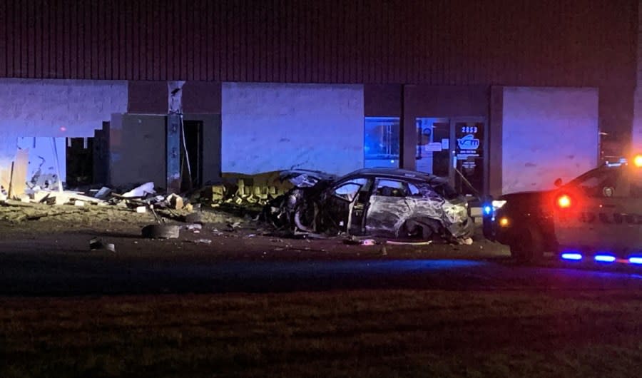 A car was nearly totaled after it crashed into a building on Johnstown Rd. in east Columbus. (NBC4/El Richards)