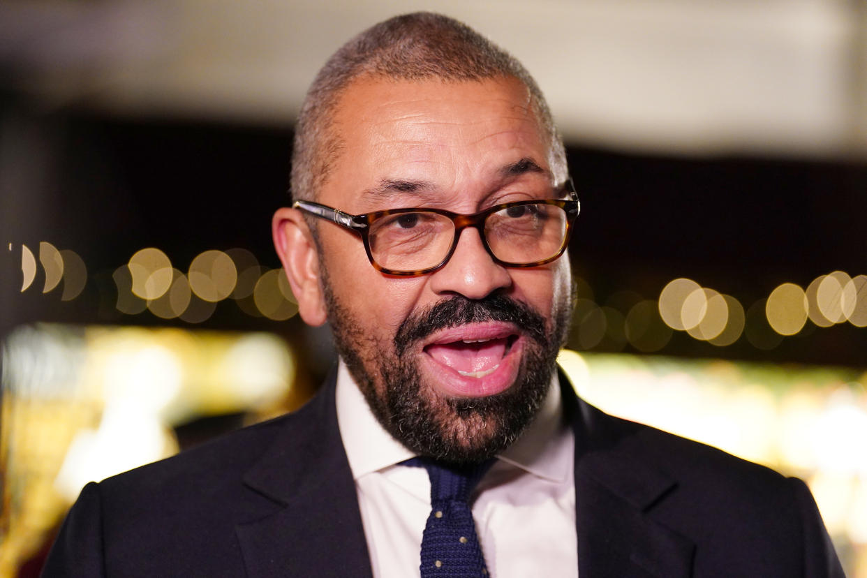 Home Secretary James Cleverly during a visit to see the Project Servator deployment in action around the festive market in Trafalgar Square, central London. Servator is a police operation delivered in public spaces to protect the public from terrorism and other crimes. Picture date: Tuesday December 19, 2023. (Photo by Jordan Pettitt/PA Images via Getty Images)