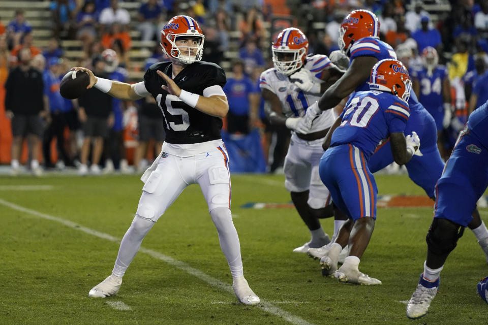 Florida quarterback Graham Mertz throws a pass during the second half of the NCAA college football team's annual Orange and Blue spring game, Thursday, April 13, 2023, in Gainesville, Fla. (AP Photo/John Raoux)