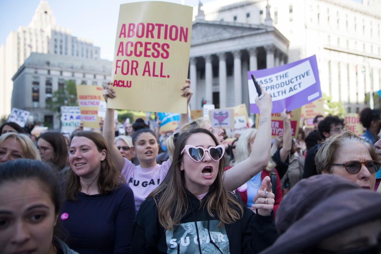 Palmar Kelly, of Cocoa Beach Fla., chants slogans protesting against abortion bans, Tuesday, May 21, 2019, in New York. 