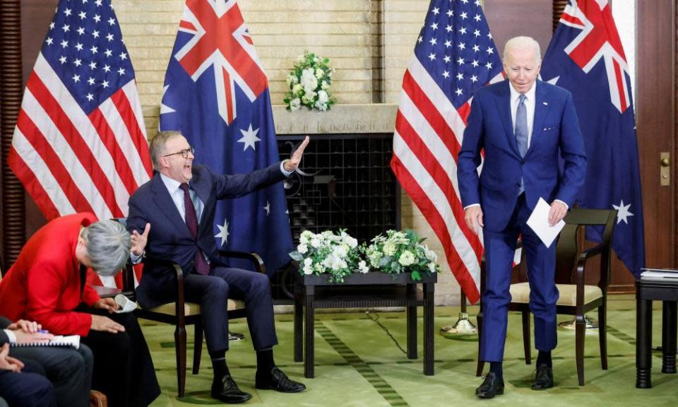 US president Joe Biden jokingly pretends to walk away as Anthony Albanese talks about his experiences years ago as a guest of a US state department program