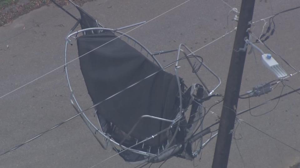 A neighbor living in Lowell told Channel 9 a trampoline blew up onto power lines last week in front of his house, suspending it in midair. He lives on Oakland Street near Highway 7.