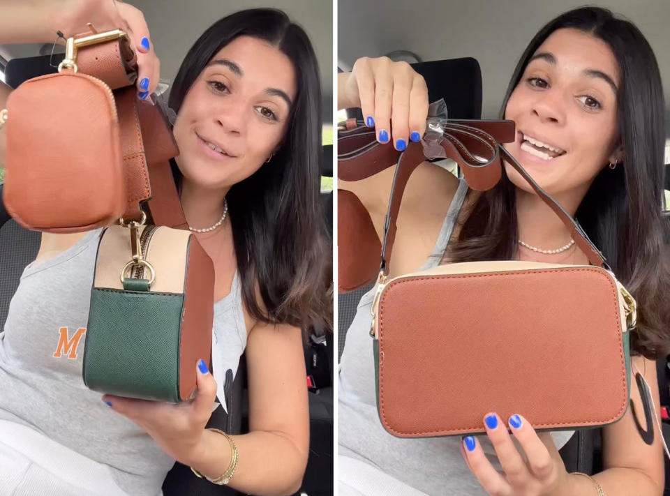 Two photos of TikTok influencer Chelsea Williamson holding a Kmart bag