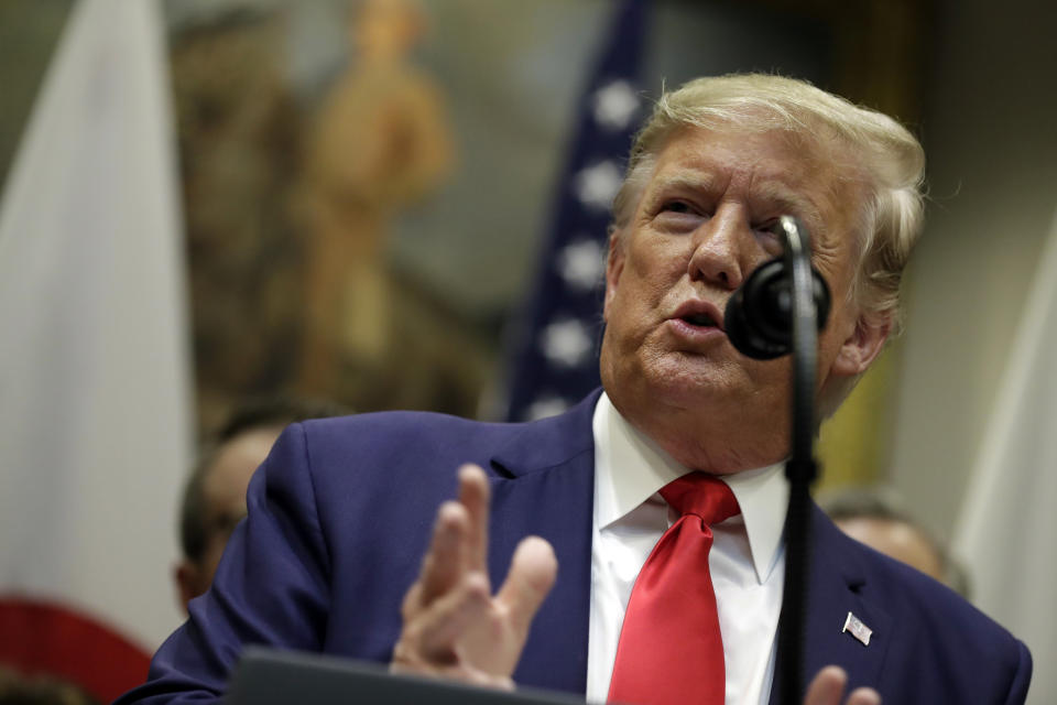 President Donald Trump speaks after a signing ceremony for a trade agreement with Japan in the Roosevelt Room of the White House, Monday, Oct. 7, 2019, in Washington. (AP Photo/Evan Vucci)