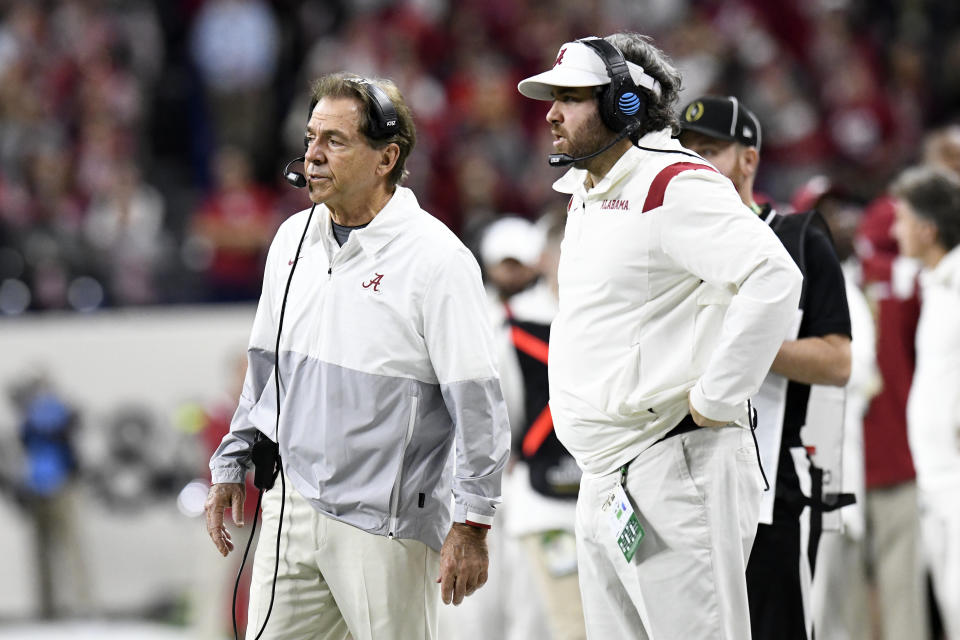 INDIANAPOLIS, IN - JANUARY 10: Alabama Crimson Tide head coach Nick Saban and defensive coordinator Pete Golding look on during the Alabama Crimson Tide versus the Georgia Bulldogs in the College Football Playoff National Championship, on January 10, 2022, at Lucas Oil Stadium in Indianapolis, IN. (Photo by Michael Allio/Icon Sportswire via Getty Images)
