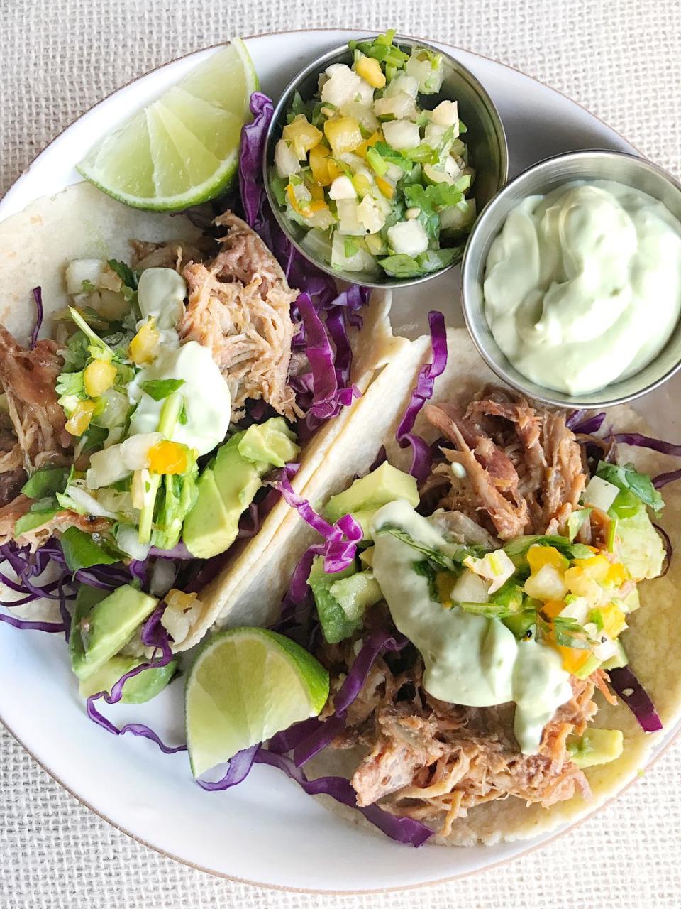 Pulled Pork Tacos with Avocado Crema