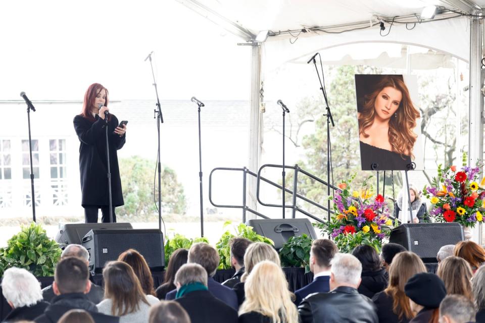 Priscilla Presley speaking at her daughter’s memorial (Getty Images for ABA)