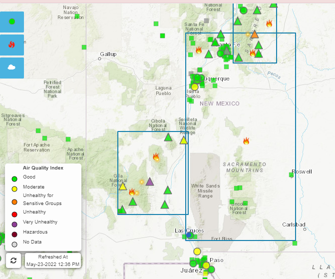 Air quality is moderate to very unhealthy Monday, May 23, 2022 in regions close to the Black Fire burning in the Gila National Forest.