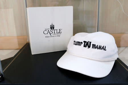 A Trump Castle souvenir box and Trump Taj Mahal baseball cap are displayed at The Trump Museum near the Republican National Convention in Cleveland, Ohio, U.S., July 19, 2016. REUTERS/Lucas Jackson