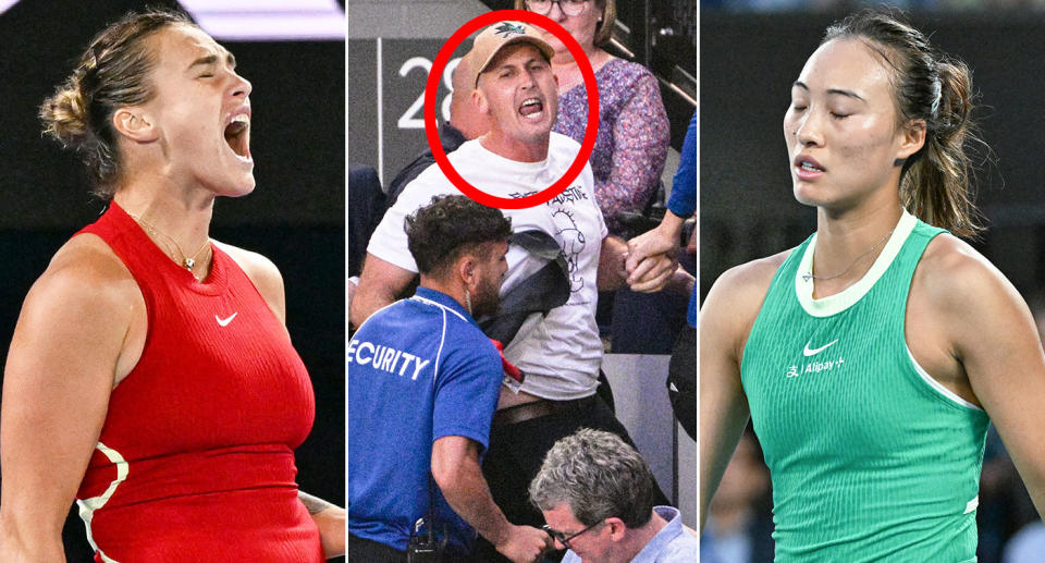 In the centre is a a protester at the Australian Open women's final between Aryna Sabalenka and Qinwen Zheng.