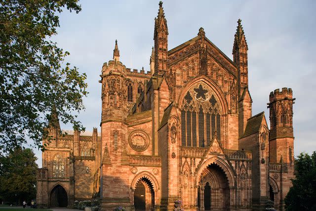 <p>DeAgostini/Getty</p> Hereford Cathedral, where Prince William attended a memorial service on April 19, 2024