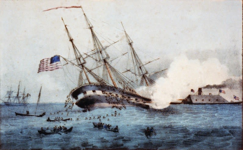 Detail of “The sinking of the “Cumberland by the iron clad “Merrimac”, off Newport News Va. March 8th 1862,” by F. Newman, Newport News, Va.