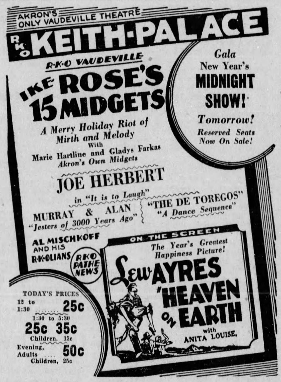 Akron's own Marie Hartline starred in this vaudeville show in December 1931 at the Palace Theater.