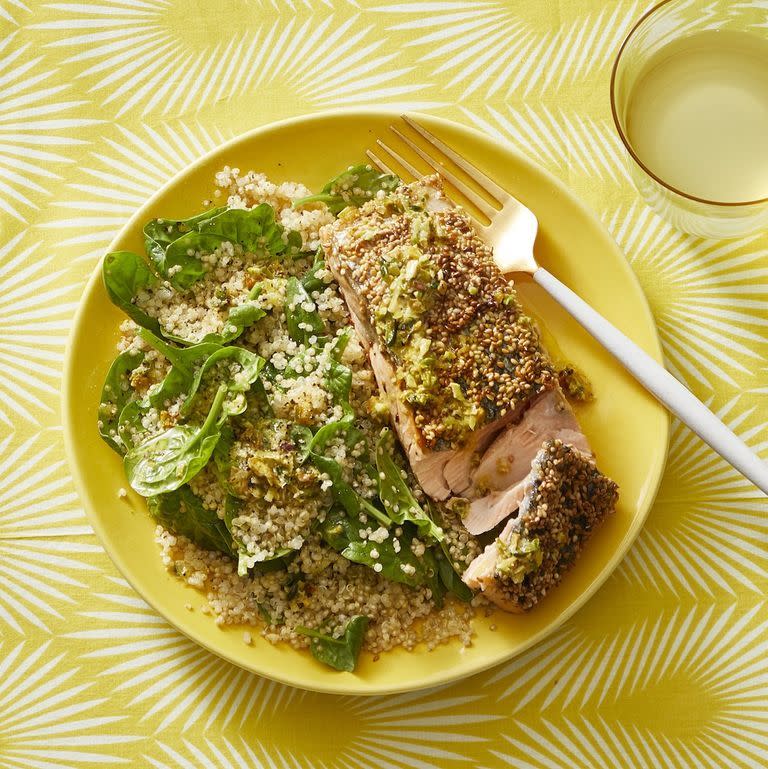 Sesame Salmon With Quinoa Pilaf and Pistachio Vinaigrette