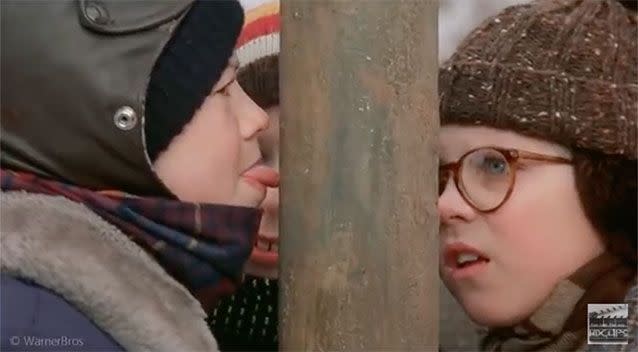 The firie's antics have been compared to the dare scene from the 1983 movie A Christmas Story. Source: Warner Brothers