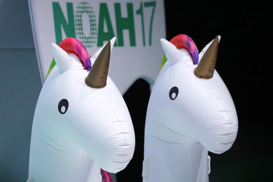 Inflatable unicorns stand on display at the Noah technology conference in Berlin, Germany, on Thursday, June 22, 2017. The conference, one of the tech industry's premier events, was launched in 2009 and runs June 22-23. Photographer: Krisztian Bocsi/Bloomberg via Getty Images